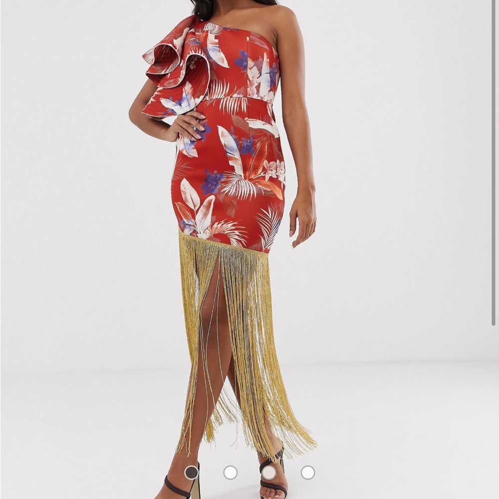 ASOS Red Floral One-Shoulder Midi Dress with Gold Fringe